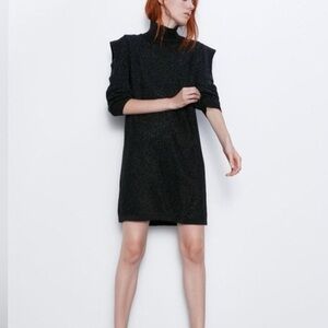 NWOT Zara Black Sparkly Mini Dress Structured Shoulders High Neck - SMALL